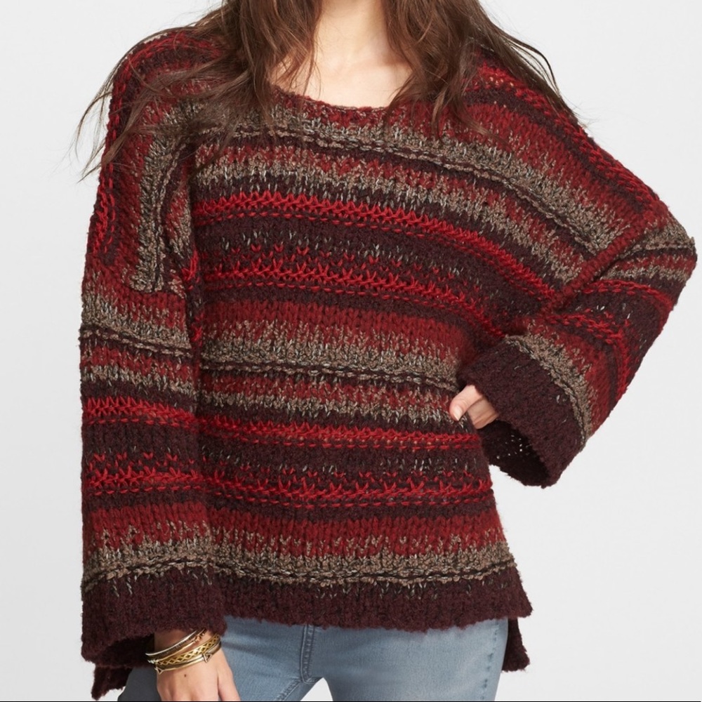 Free People Red Striped Oversized Sweater